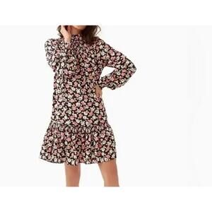Kate Spade Day Trip Floral Shift Dress M smocked sleeve ruffle black pink RT329